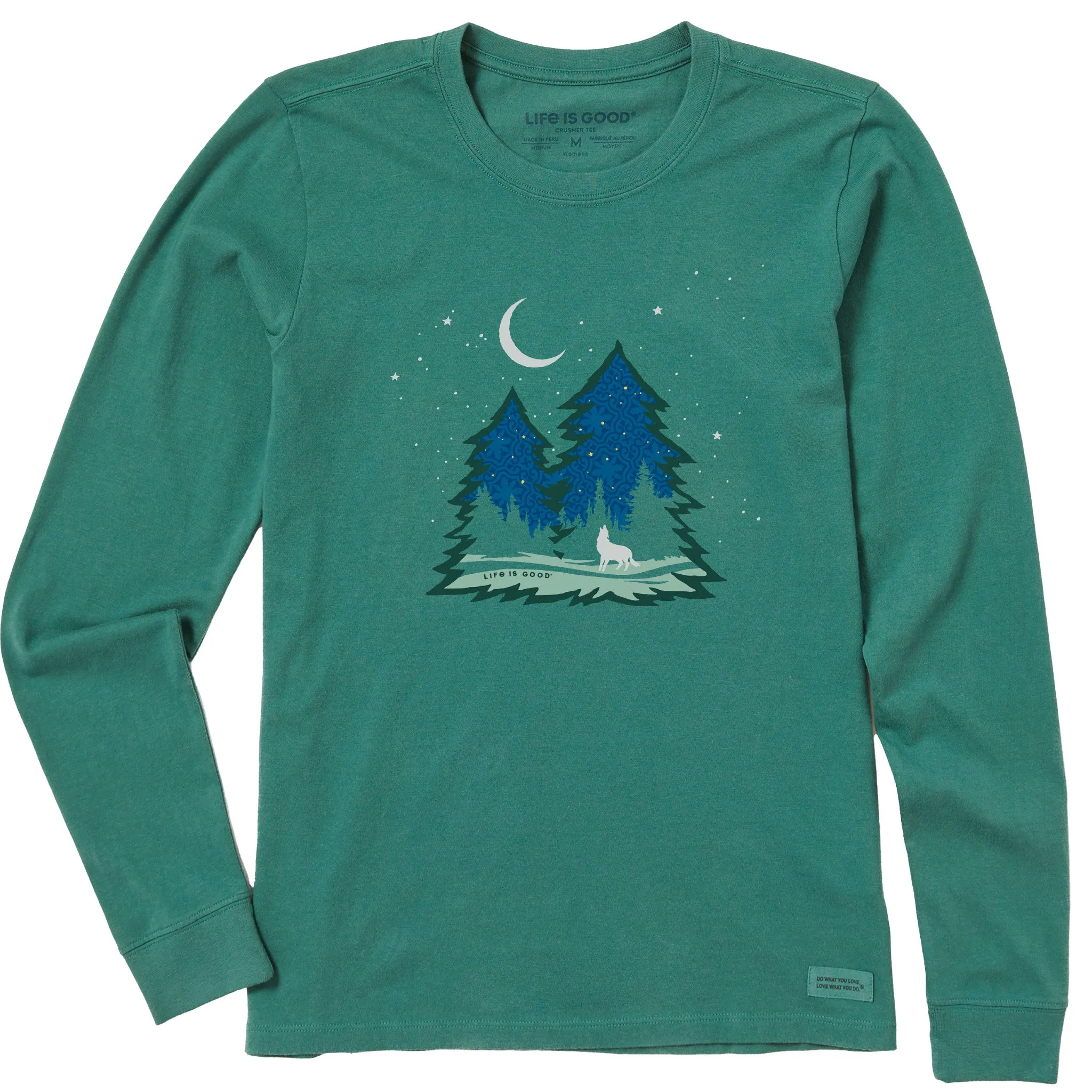 Women's Macro Evergreen Wolf Long Sleeve Crusher Tee sold by Life is Good