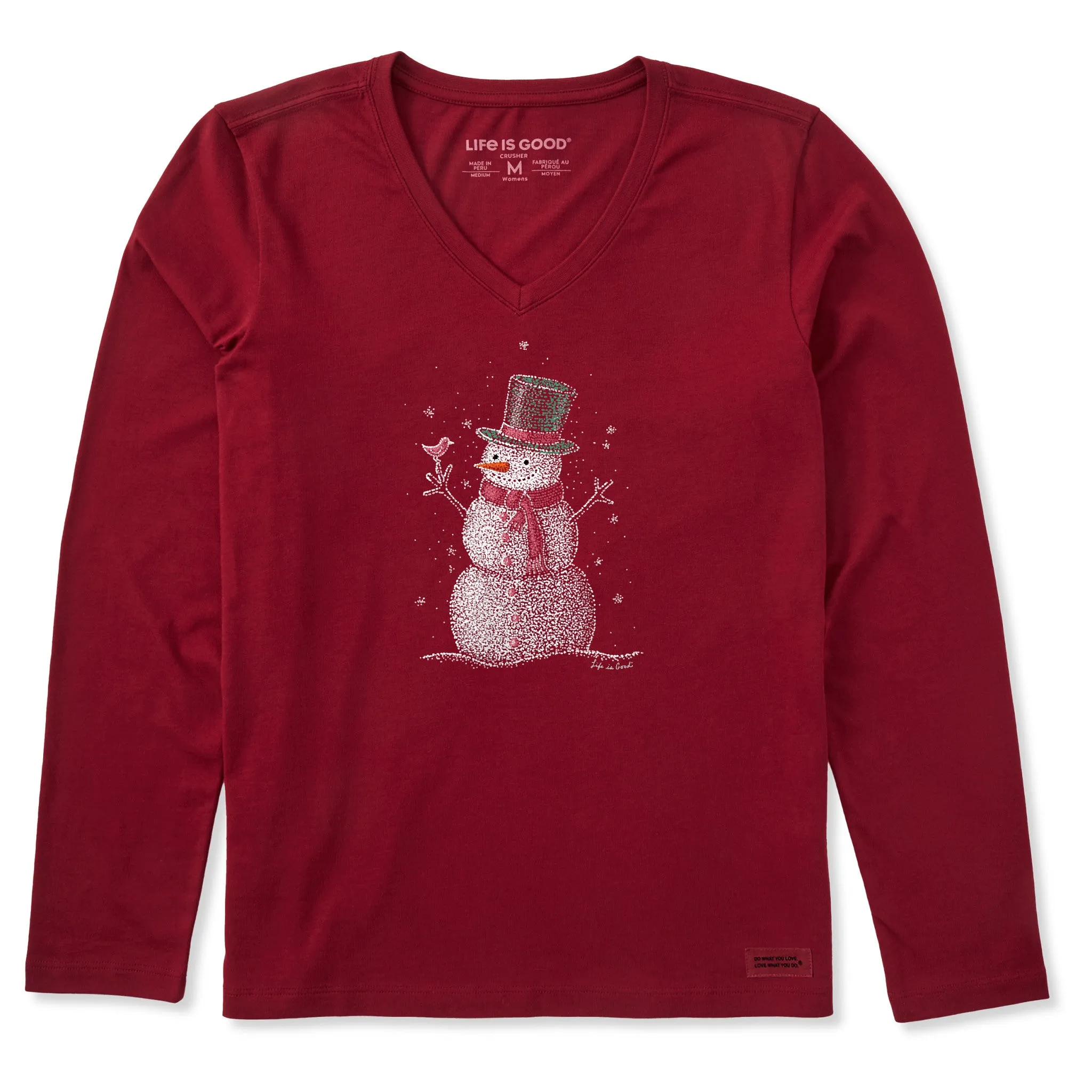 Women's Sparkle Snowman Long Sleeve Crusher Vee sold by Life is Good