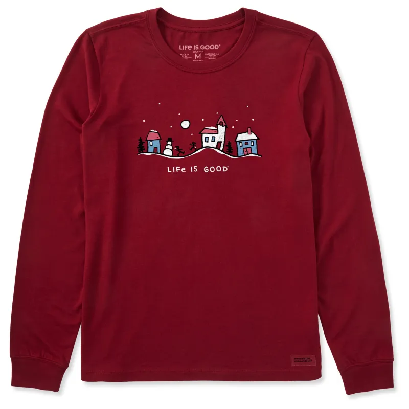 Women's Snowman Village Vista Long Sleeve Crusher Tee sold by Life is Good
