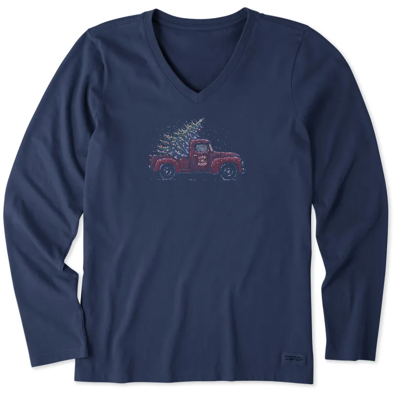 Women's Christmas Tree Truck Long Sleeve Crusher-LITE Vee sold by Life is Good