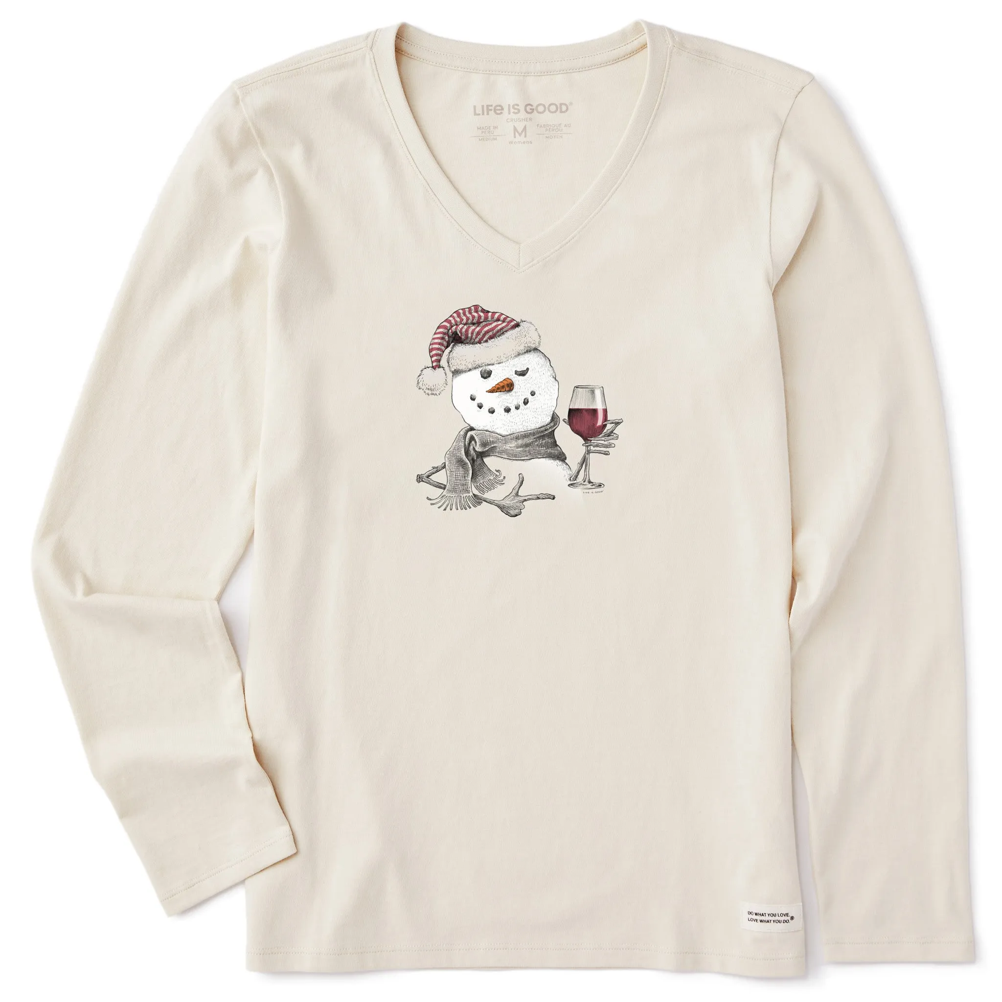 Women's Snowman w Red Wine Long Sleeve Crusher Vee sold by Life is Good