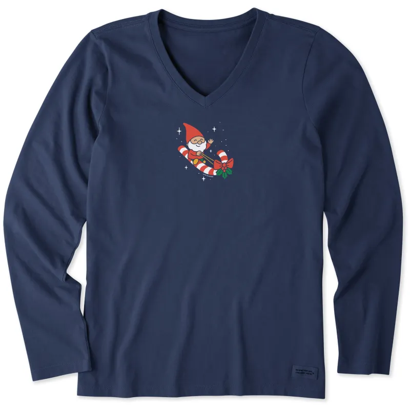 Women's Gnome on a Cane Long Sleeve Crusher Vee sold by Life is Good