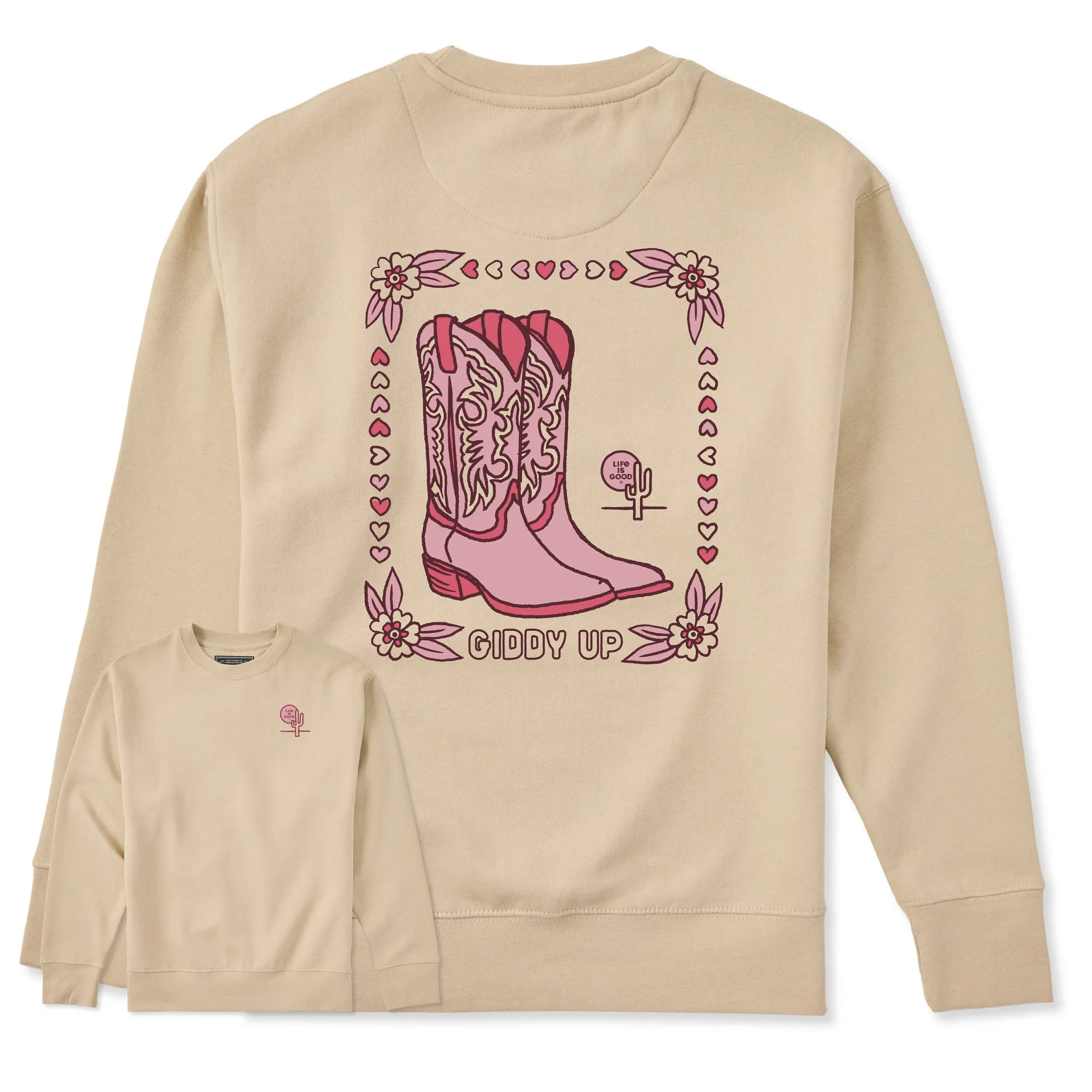 Adult Unisex Giddy Up Flora Boots Every Wear Crew Sweatshirt sold by Life is Good