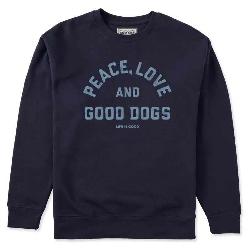 Adult Unisex Peace Love and Good Dogs Every Wear Crew Sweatshirt sold by Life is Good