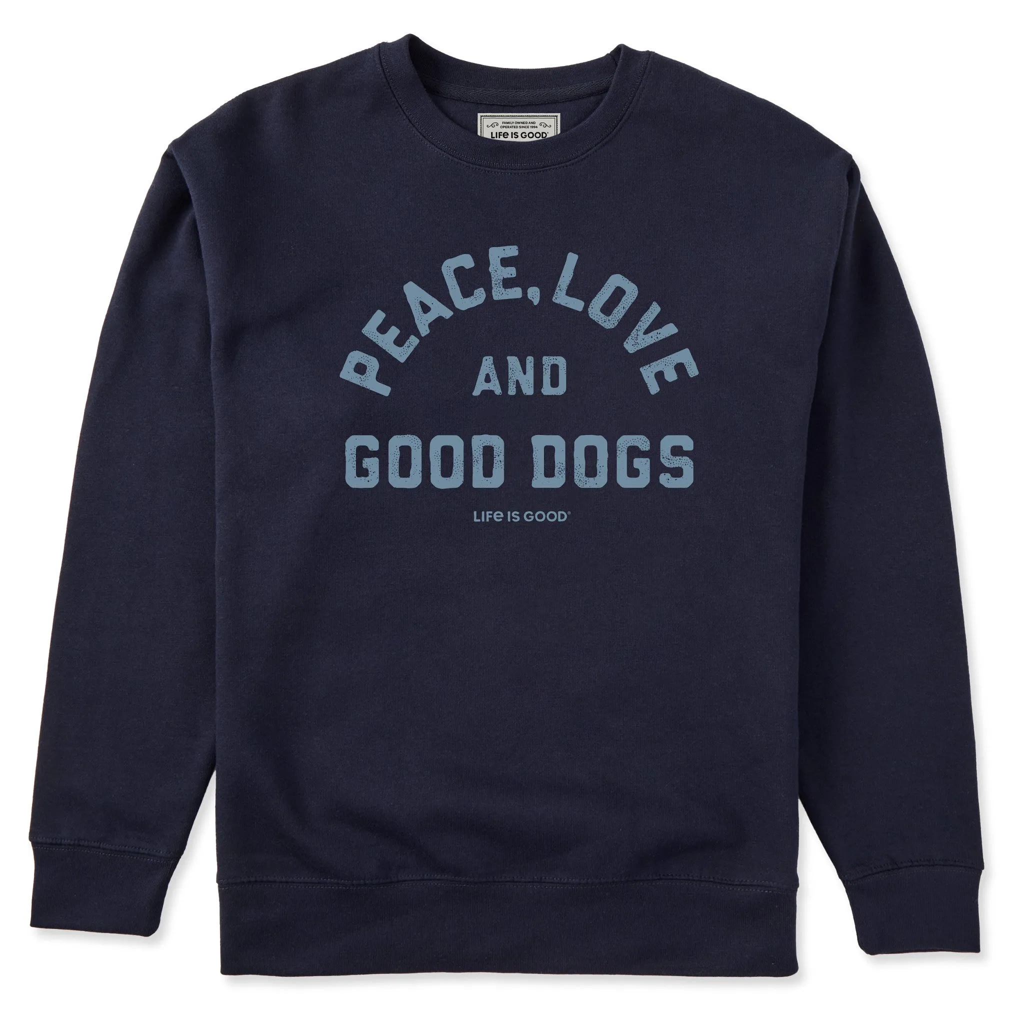 Adult Unisex Peace Love and Good Dogs Every Wear Crew Sweatshirt sold by Life is Good