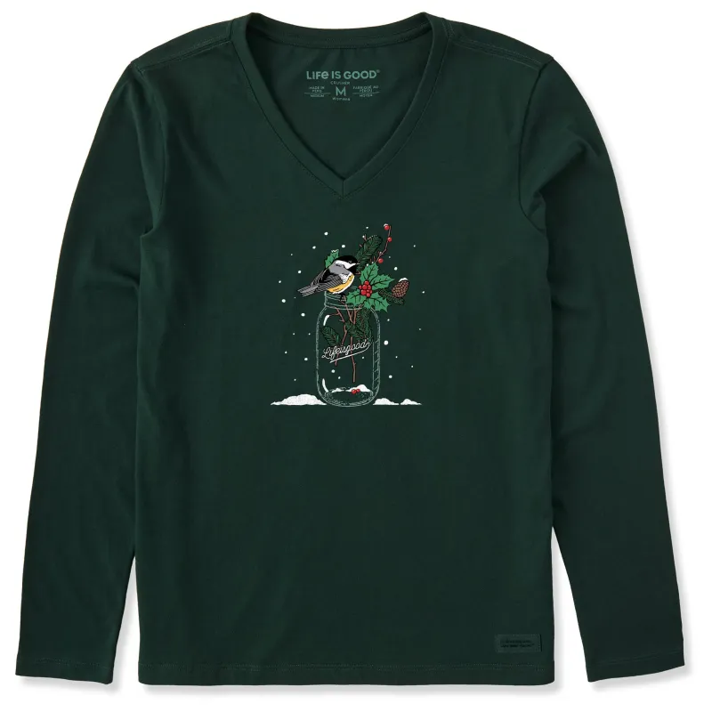 Women's Chickadee Holiday Jar Long Sleeve Crusher Vee made by Life is Good