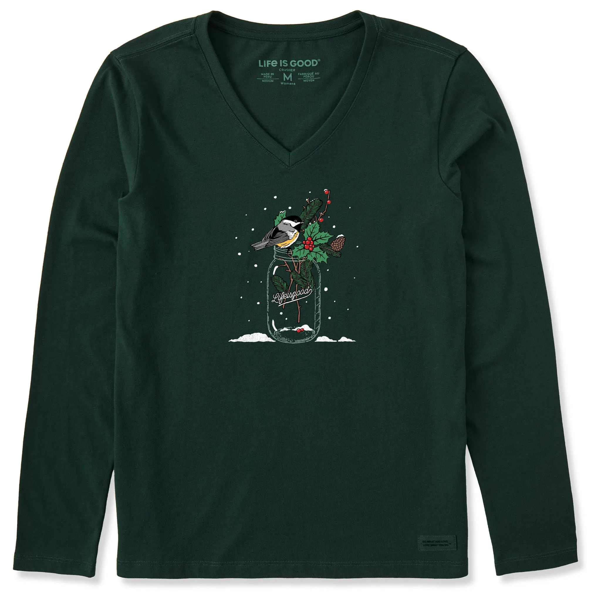 Women's Chickadee Holiday Jar Long Sleeve Crusher Vee sold by Life is Good