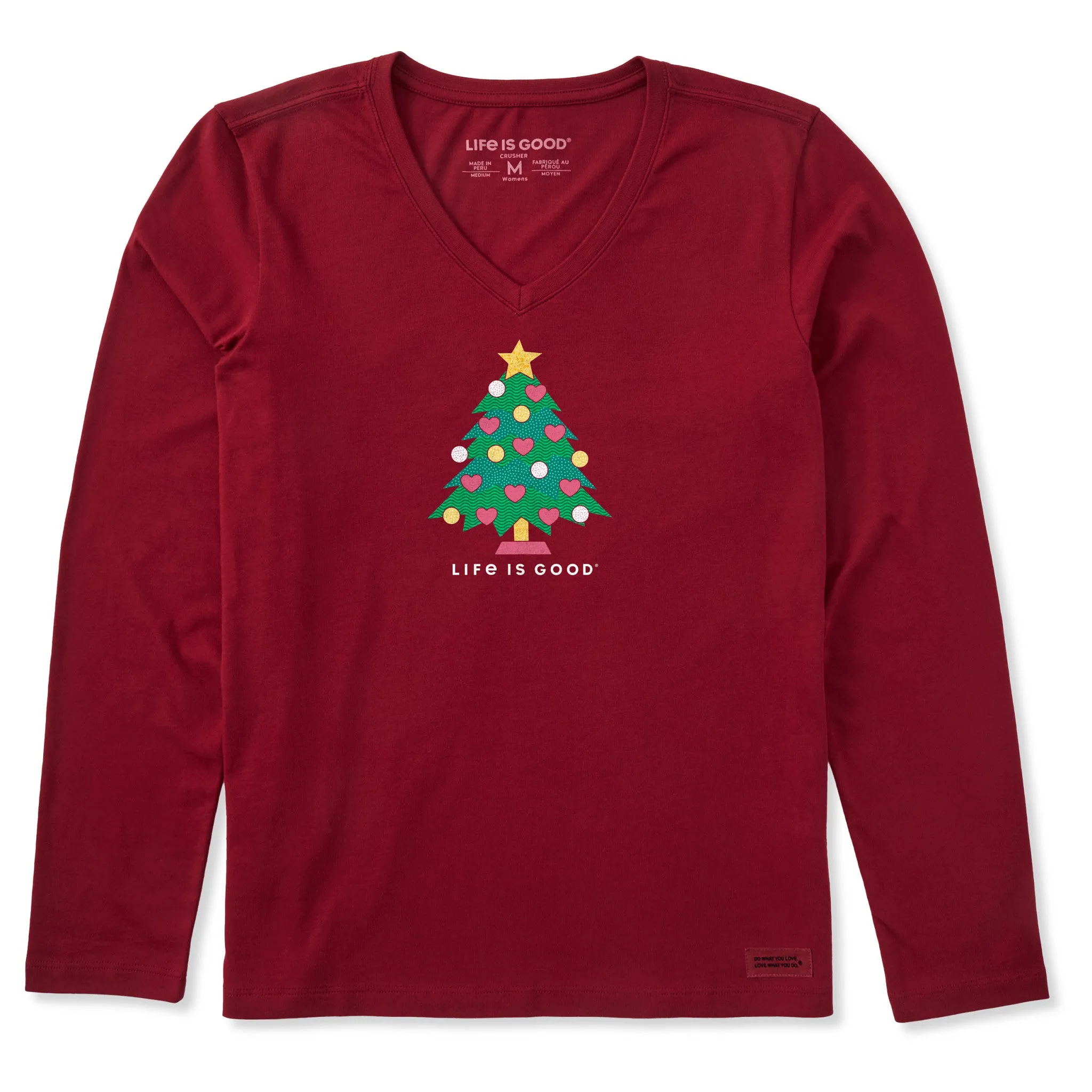 Women's Christmas Tree with Hearts Long Sleeve Crusher Vee sold by Life is Good