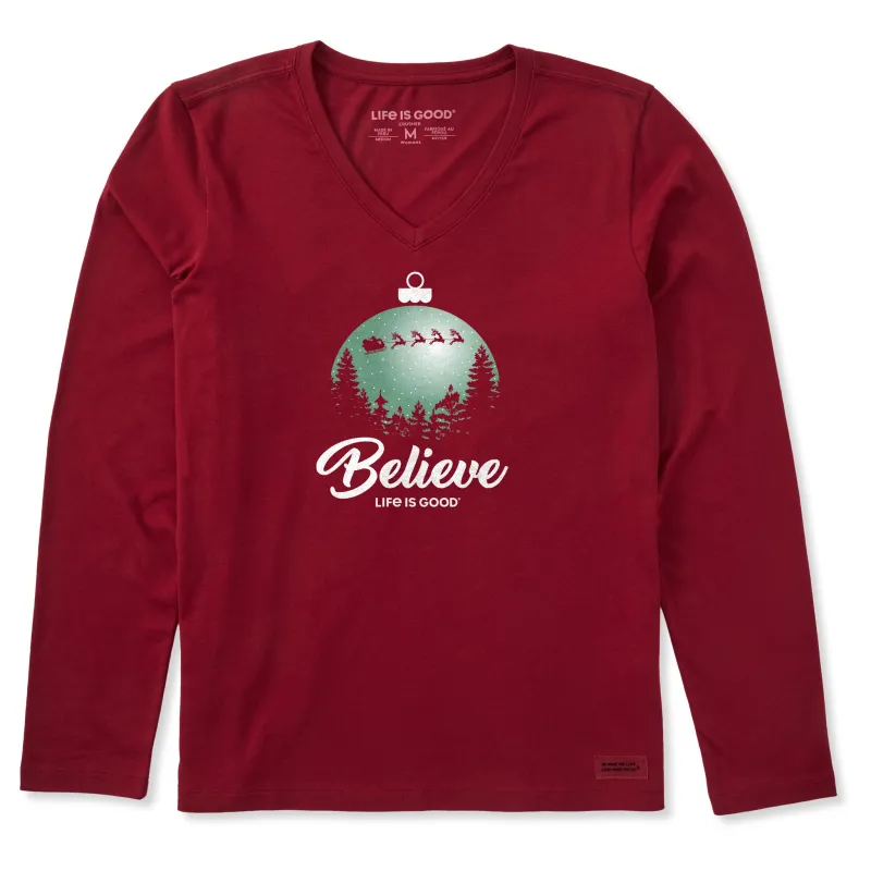 Women's Believe Santa Sleigh Long Sleeve Crusher Vee sold by Life is Good