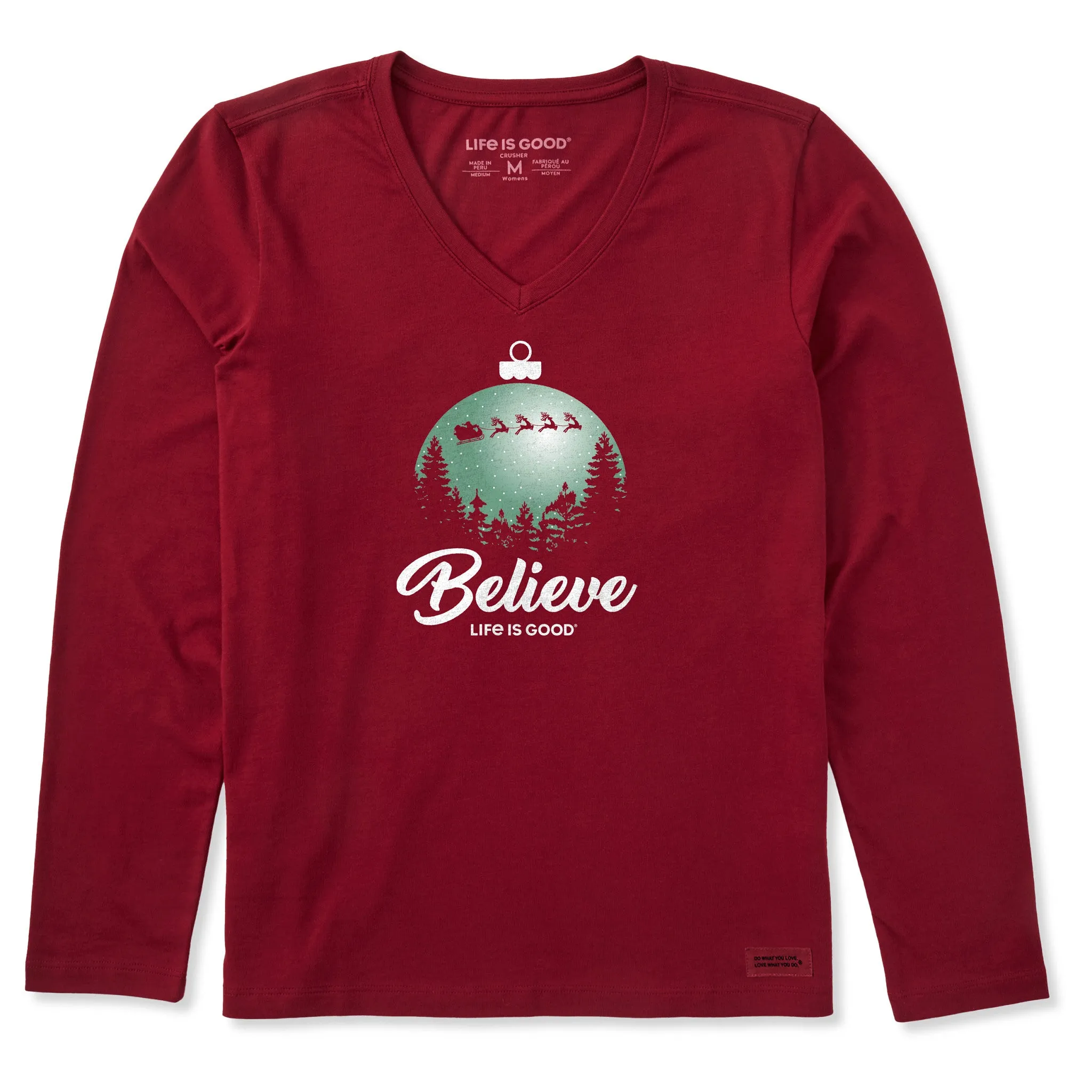 Women's Believe Santa Sleigh Long Sleeve Crusher Vee sold by Life is Good