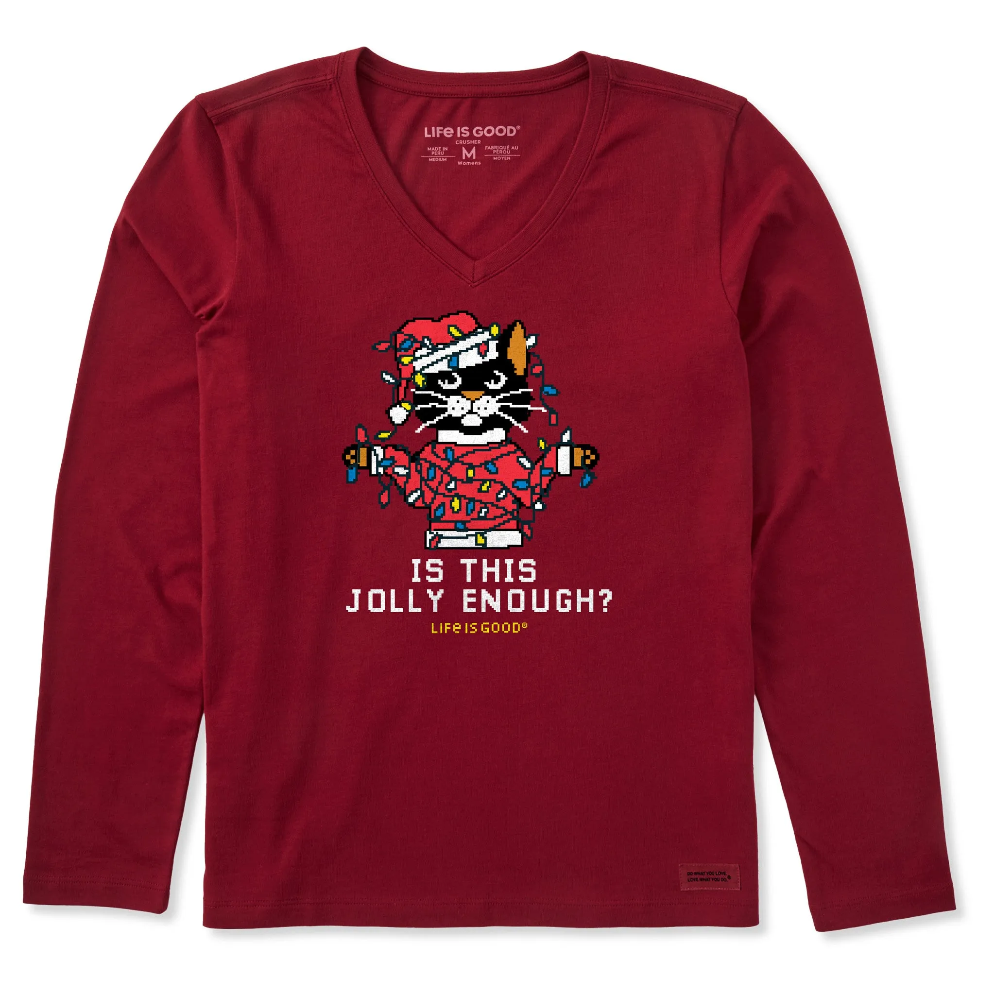 Women's Ugly Sweater Santa Cat Long Sleeve Crusher Vee sold by Life is Good