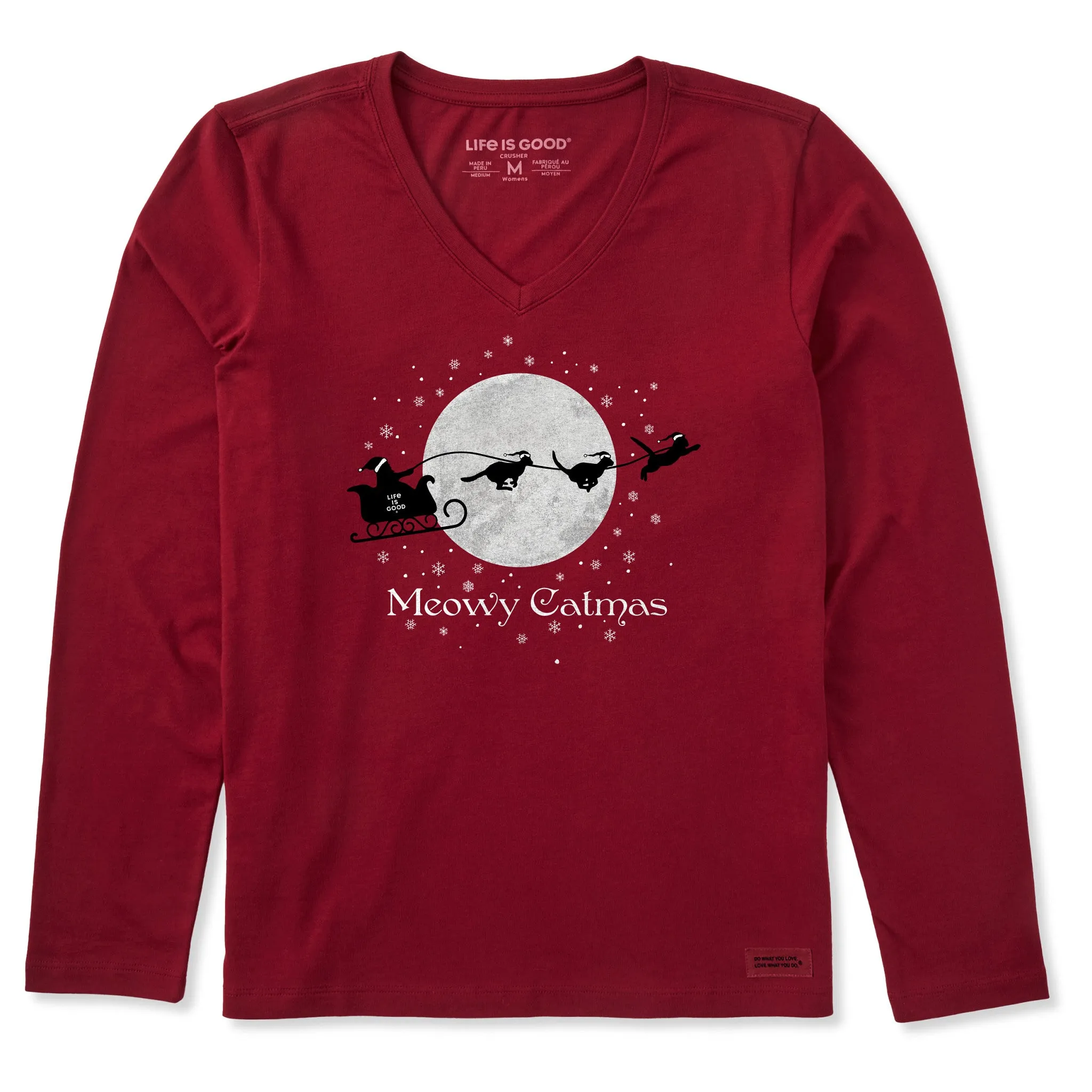 Women's Santa's Sleigh Cats Long Sleeve Crusher Vee sold by Life is Good