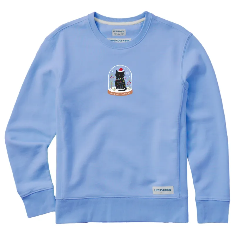 Women's Meowy Catmas Snowglobe Simply True Fleece Crew sold by Life is Good