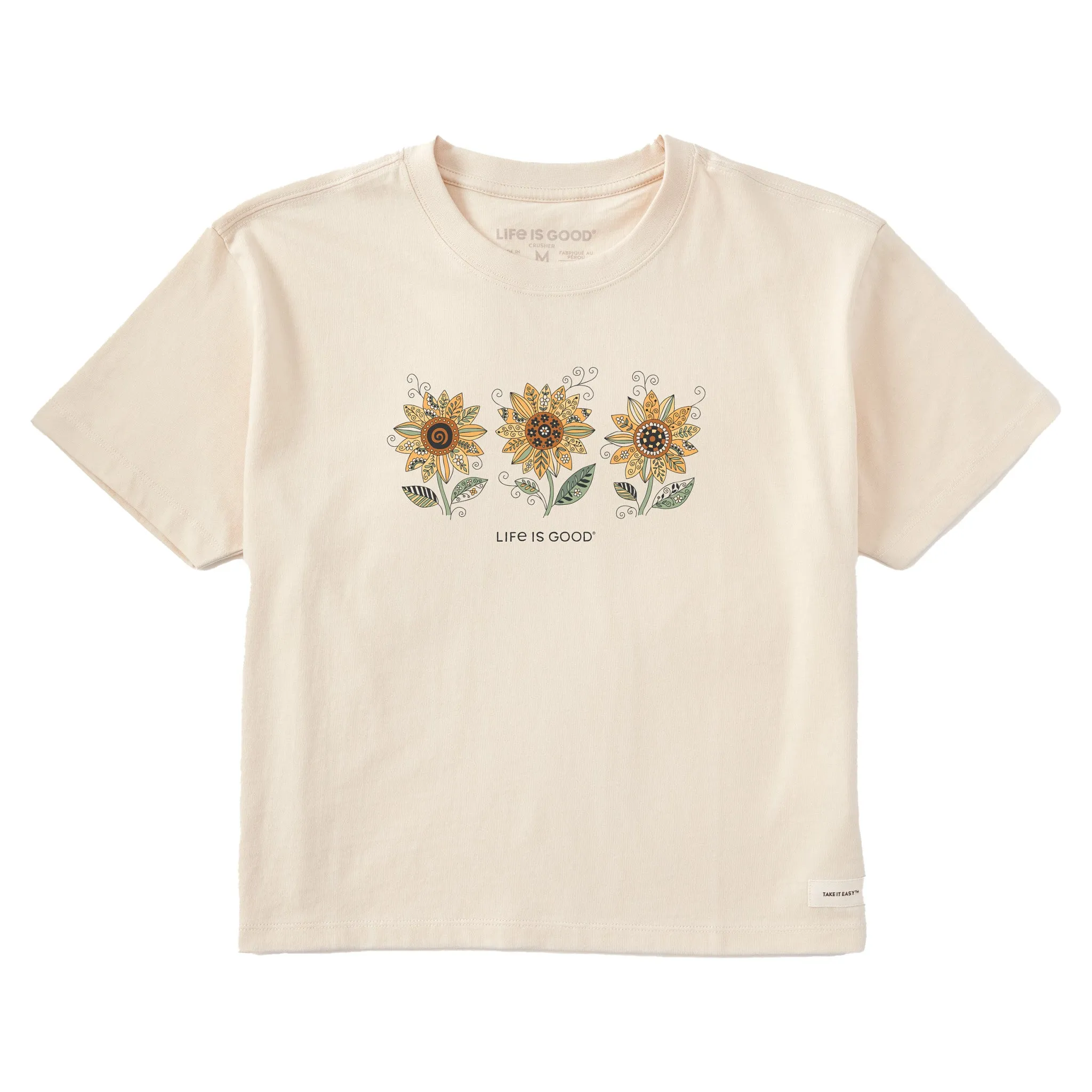 Women's Patchwork Sunflower Trio Short Sleeve Crusher Boxy Tee sold by Life is Good