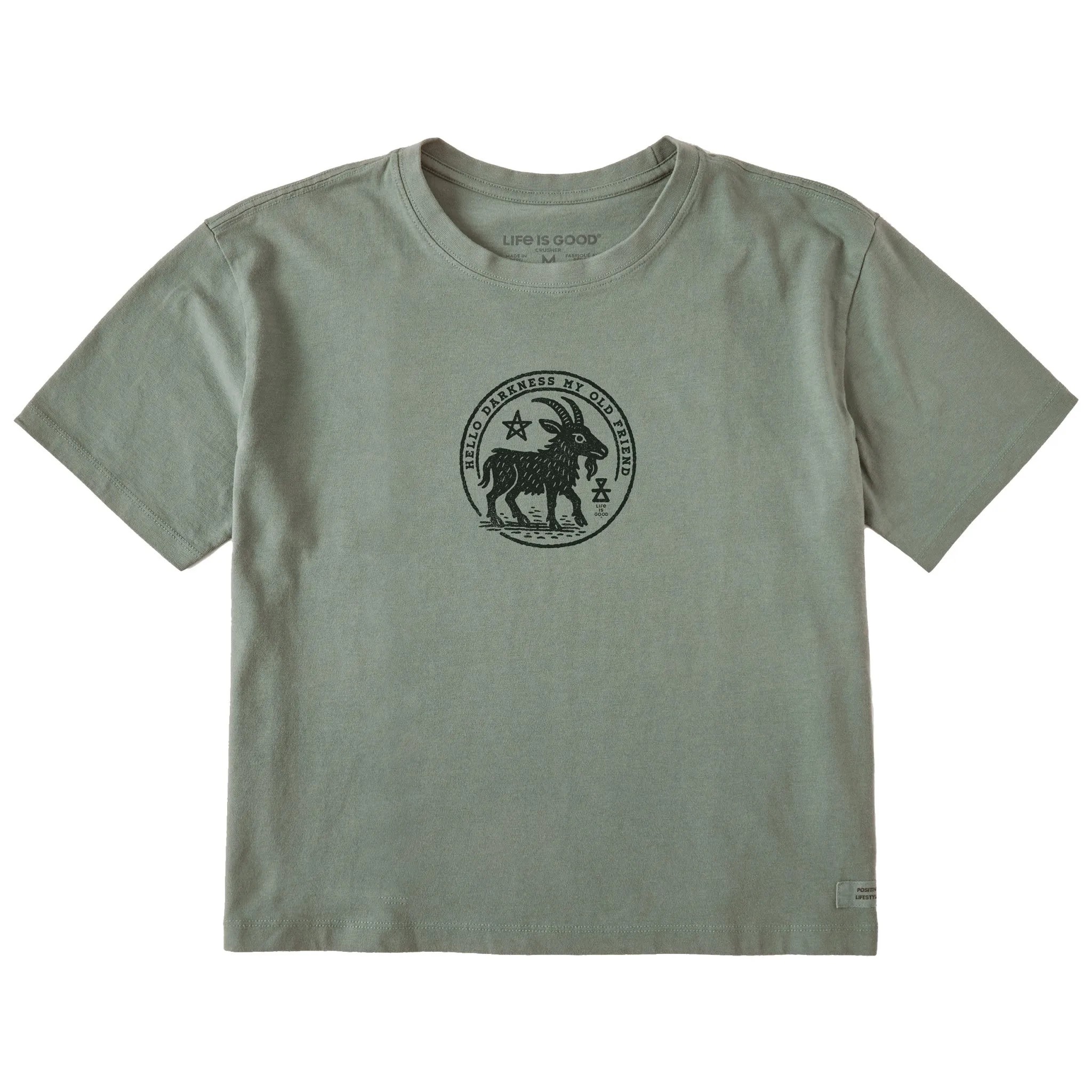 Women's Hello Darkness Goat Short Sleeve Crusher Boxy Tee sold by Life is Good