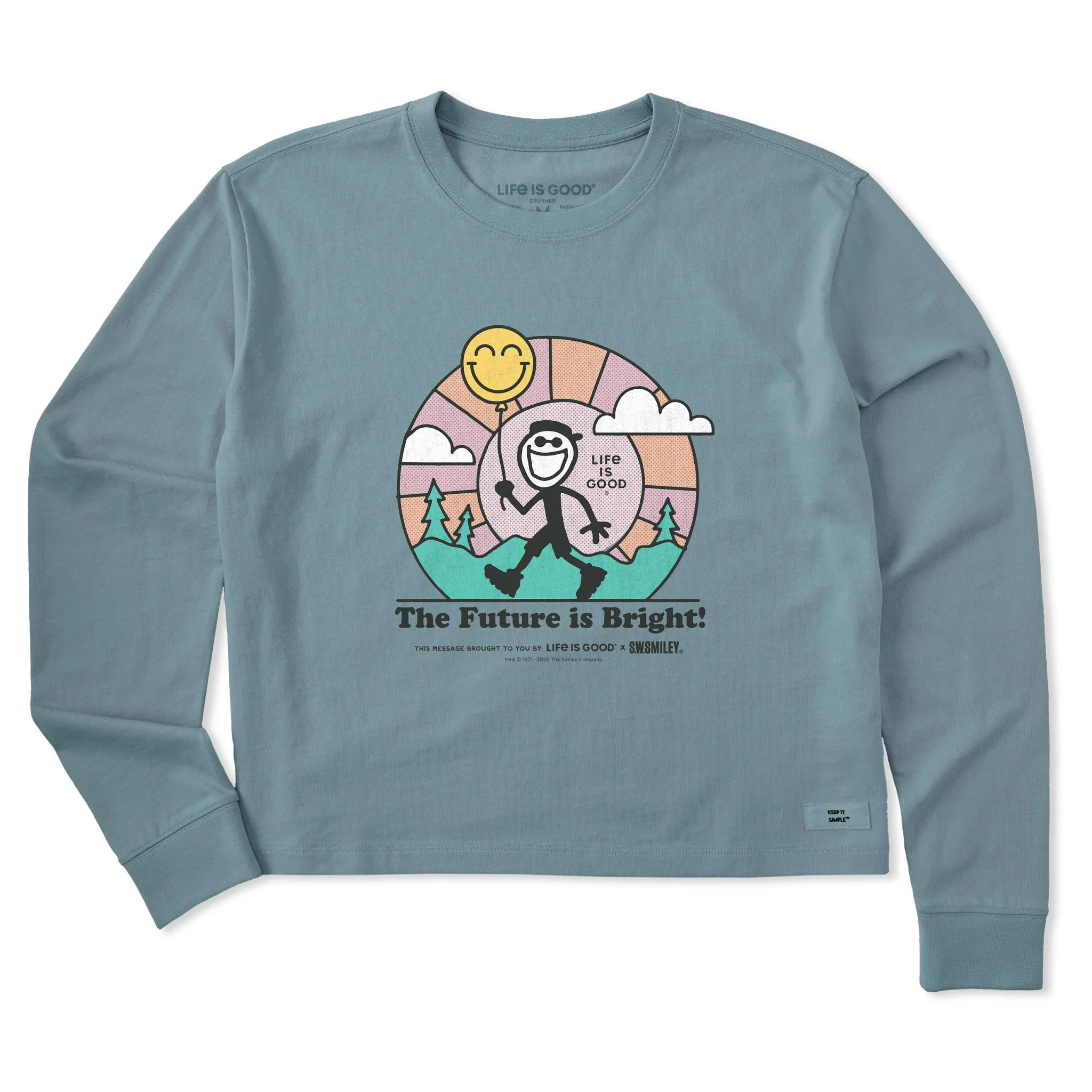 Women's LIG x S.W.Smiley Bright Future Long Sleeve Crusher Boxy Tee sold by Life is Good
