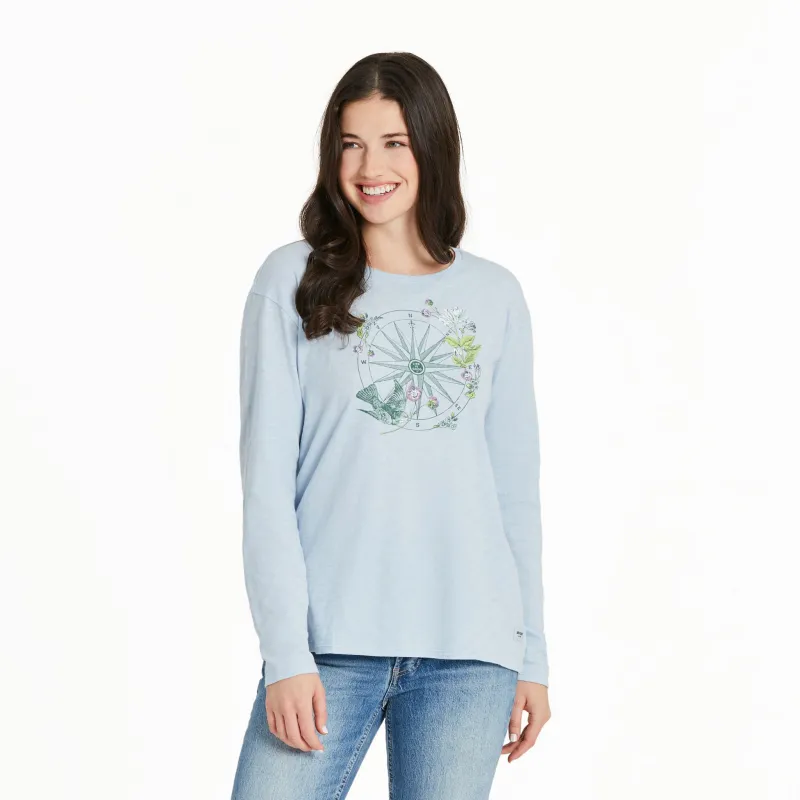 Women's Antique Compass Bird and Flowers Long Sleeve Slub Easy Fit Tee sold by Life is Good
