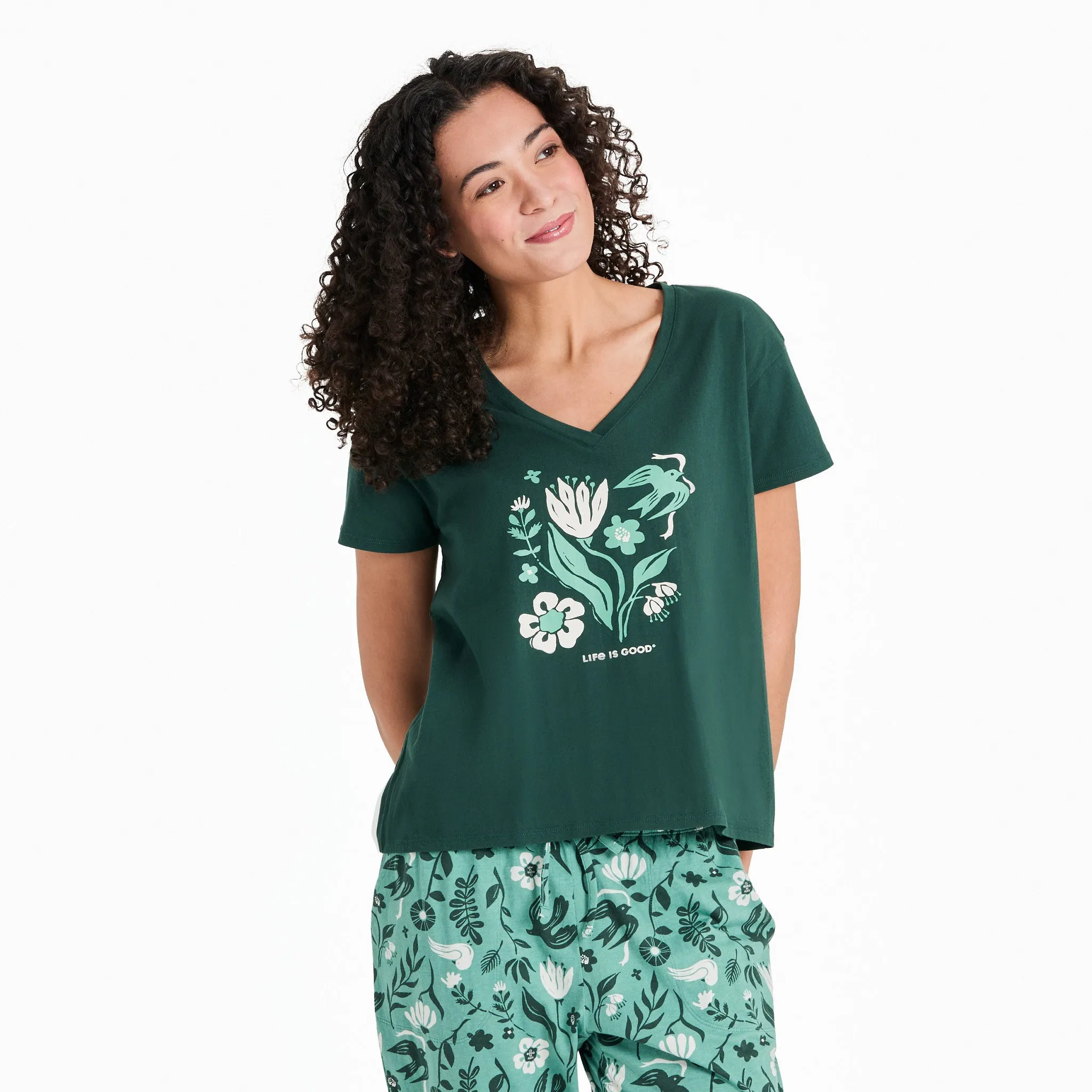 Women's Woodblock Floral and Bird Snuggle Up Sleep Vee sold by Life is Good