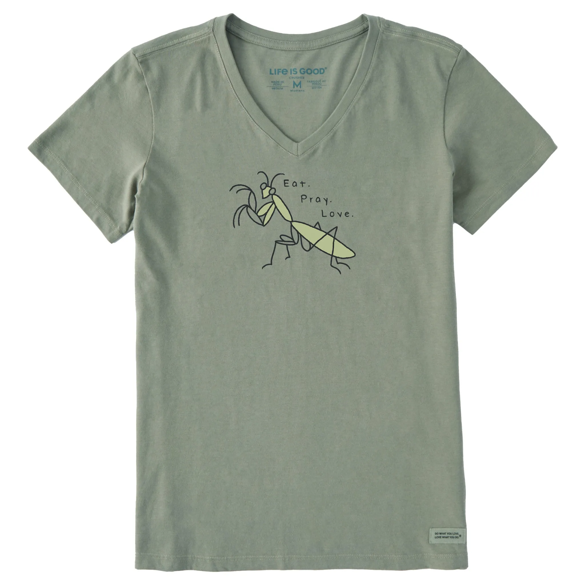 Women's Eat Pray Love Mantis Short Sleeve Vee sold by Life is Good