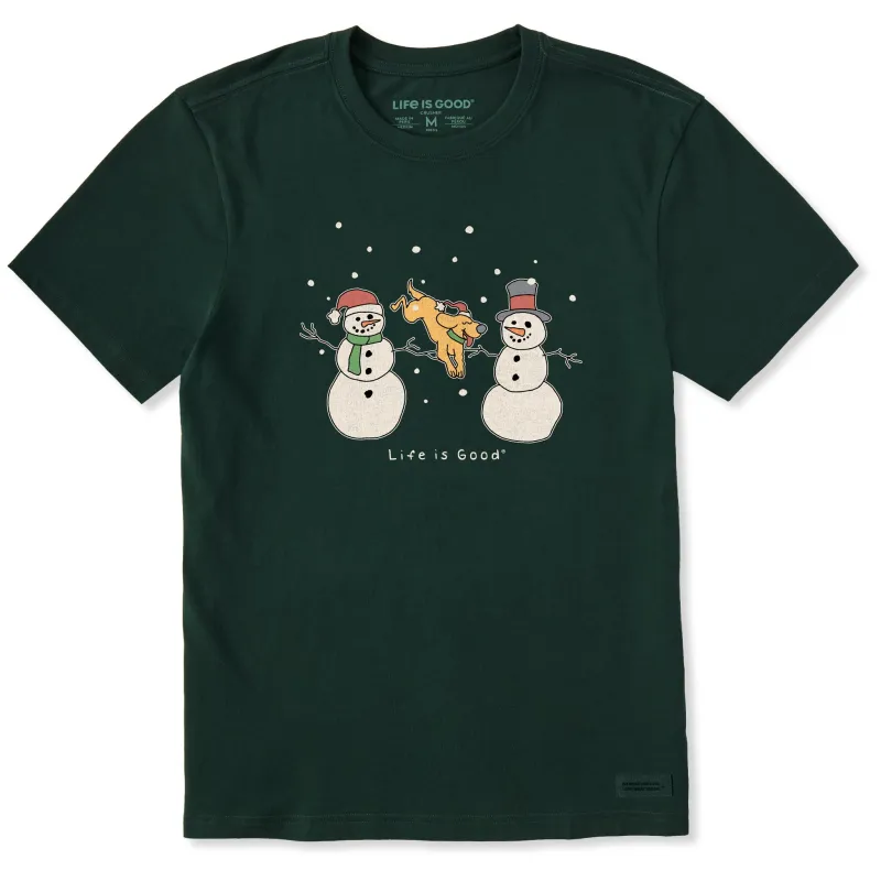 Men's Dog Jumping Snowmen Short Sleeve Crusher Tee sold by Life is Good