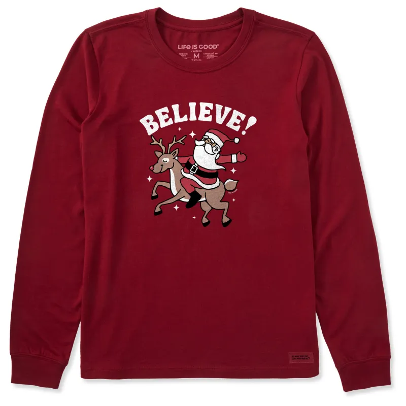 Women's Believe Santa Reindeer Long Sleeve Crusher Tee made by Life is Good