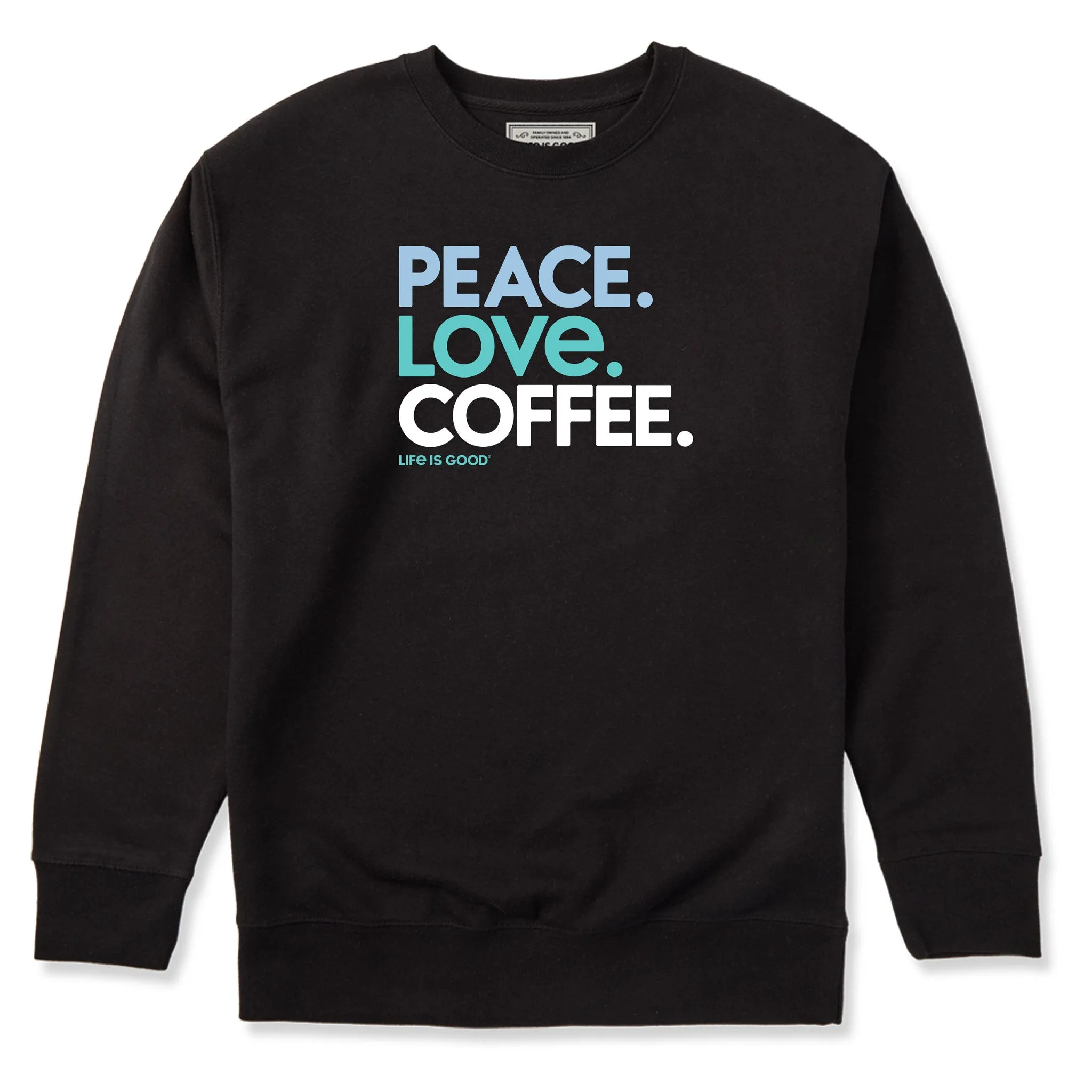 Adult Unisex Peace Love Coffee Every Wear Crew Sweatshirt sold by Life is Good
