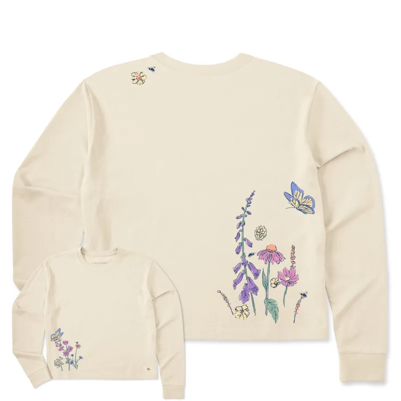 Women's Wildflower Butterfly Garden Long Sleeve Crusher Boxy Tee sold by Life is Good