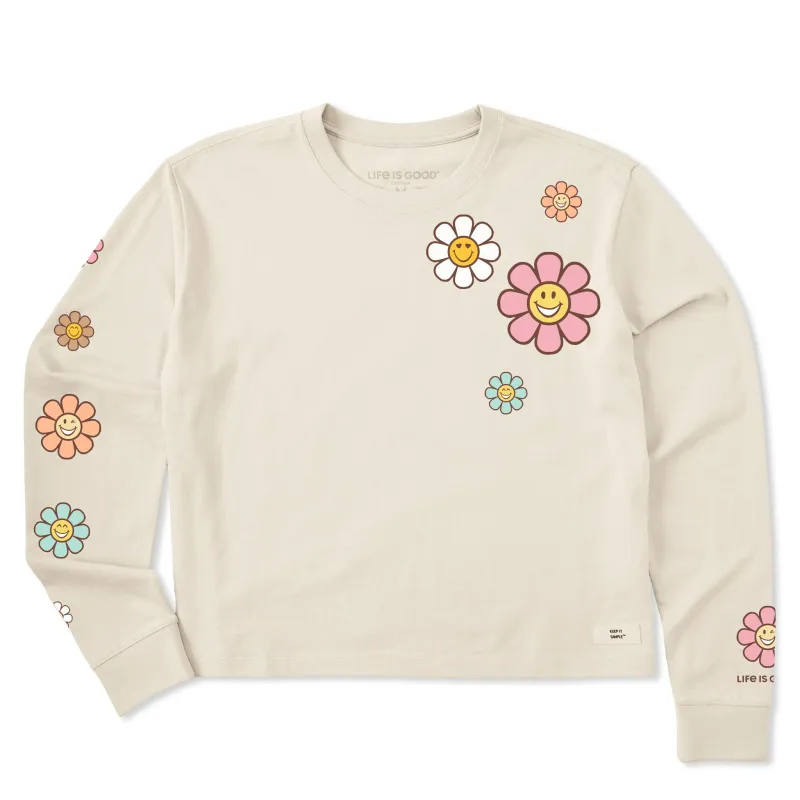 Women's Groovy Smiley Daisies Long Sleeve Crusher Boxy Tee sold by Life is Good