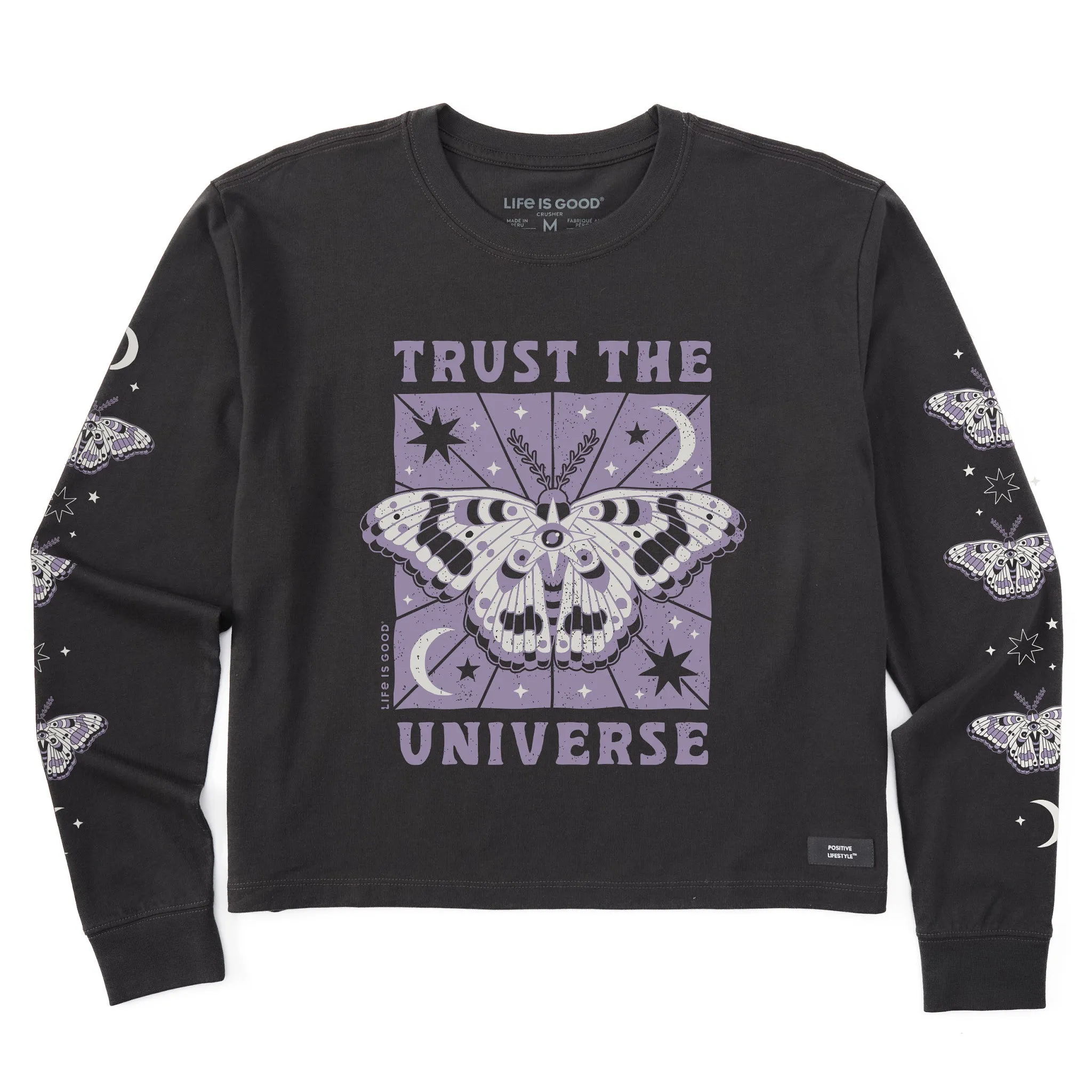 Women's Trust the Universe Moth Long Sleeve Crusher Boxy Tee sold by Life is Good