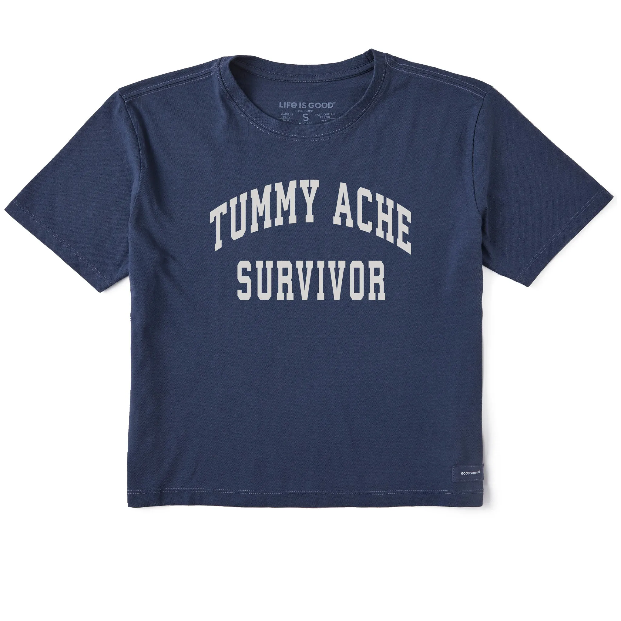 Women's Tummy Ache Survivor Arch Short Sleeve Crusher Boxy Tee sold by Life is Good