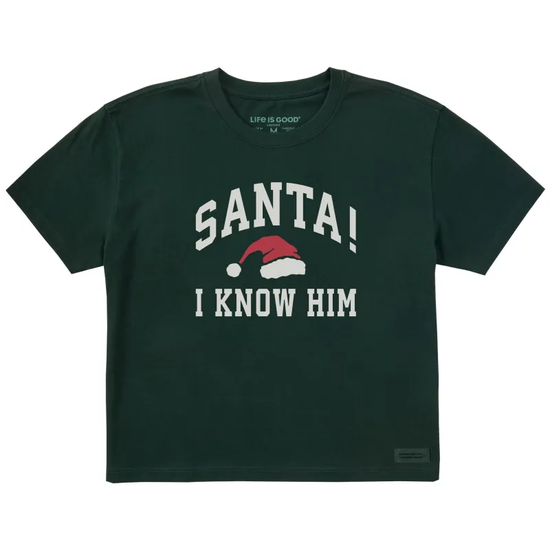 Women's Santa! I Know Him Arch Short Sleeve Crusher Boxy Tee sold by Life is Good