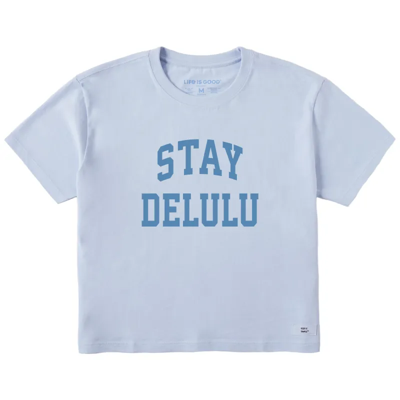 Women's Stay Delulu Arch Short Sleeve Crusher Boxy Tee sold by Life is Good