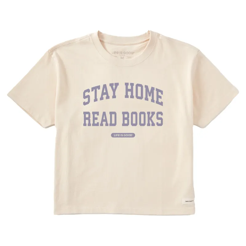 Women's Stay Home Read Books Arch Short Sleeve Crusher Boxy Tee sold by Life is Good