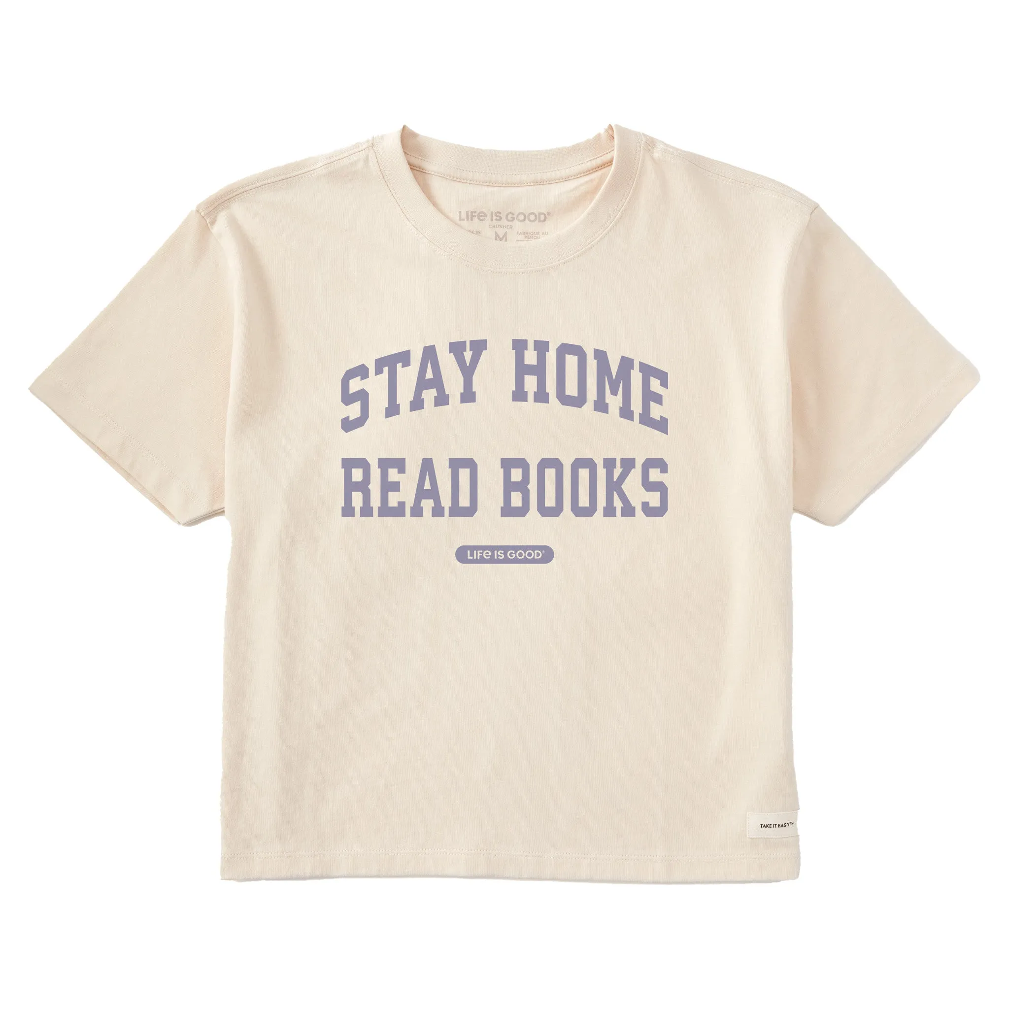 Women's Stay Home Read Books Arch Short Sleeve Crusher Boxy Tee sold by Life is Good