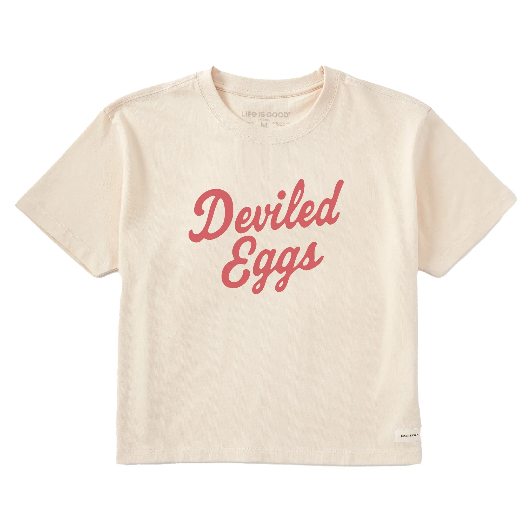 Women's Deviled Eggs Script Short Sleeve Crusher Boxy Tee sold by Life is Good