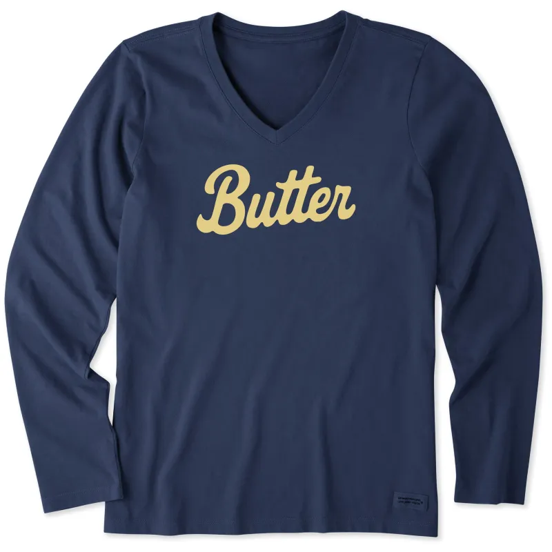 Women's Butter Script Long Sleeve Crusher Vee sold by Life is Good