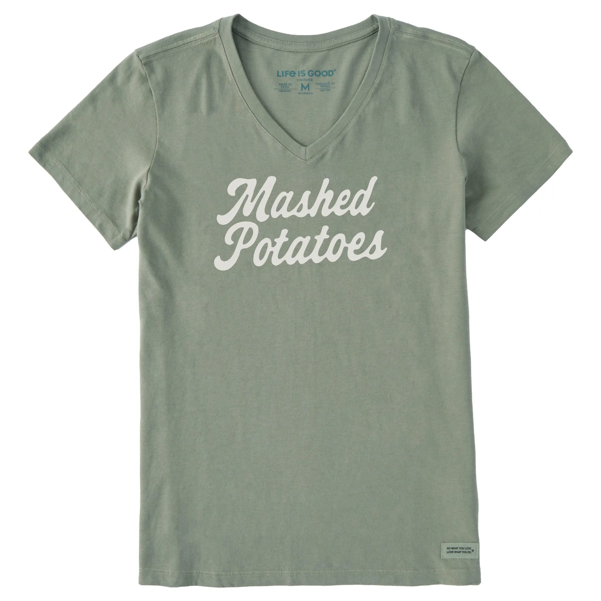 Women's Mashed Potatoes Script Short Sleeve Crusher Vee sold by Life is Good