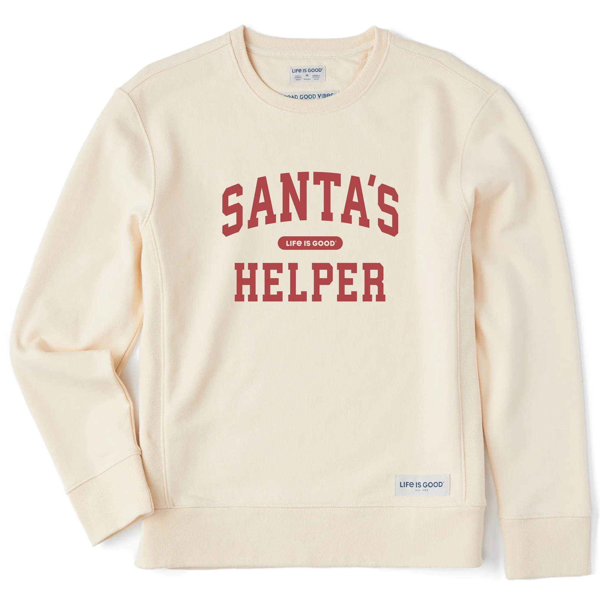 Women's Santa's Helper Arch Simply True Fleece Crew sold by Life is Good