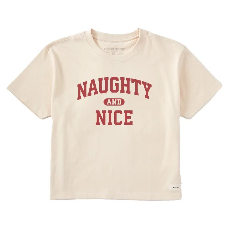 Women's Naughty and Nice Arch Short Sleeve Crusher Boxy Tee sold by Life is Good
