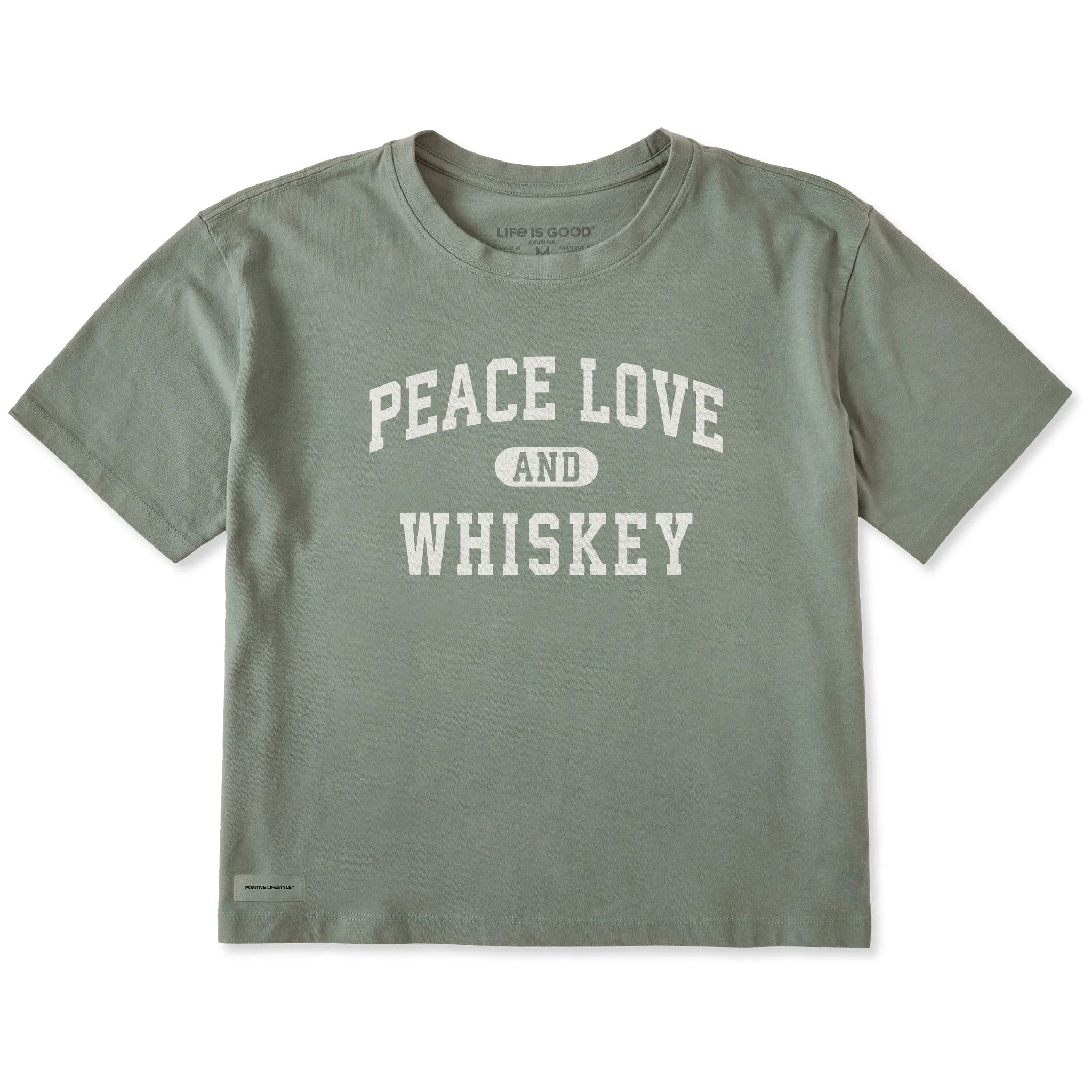 Women's Peace Love and Whiskey Arch Short Sleeve Crusher Boxy Tee sold by Life is Good