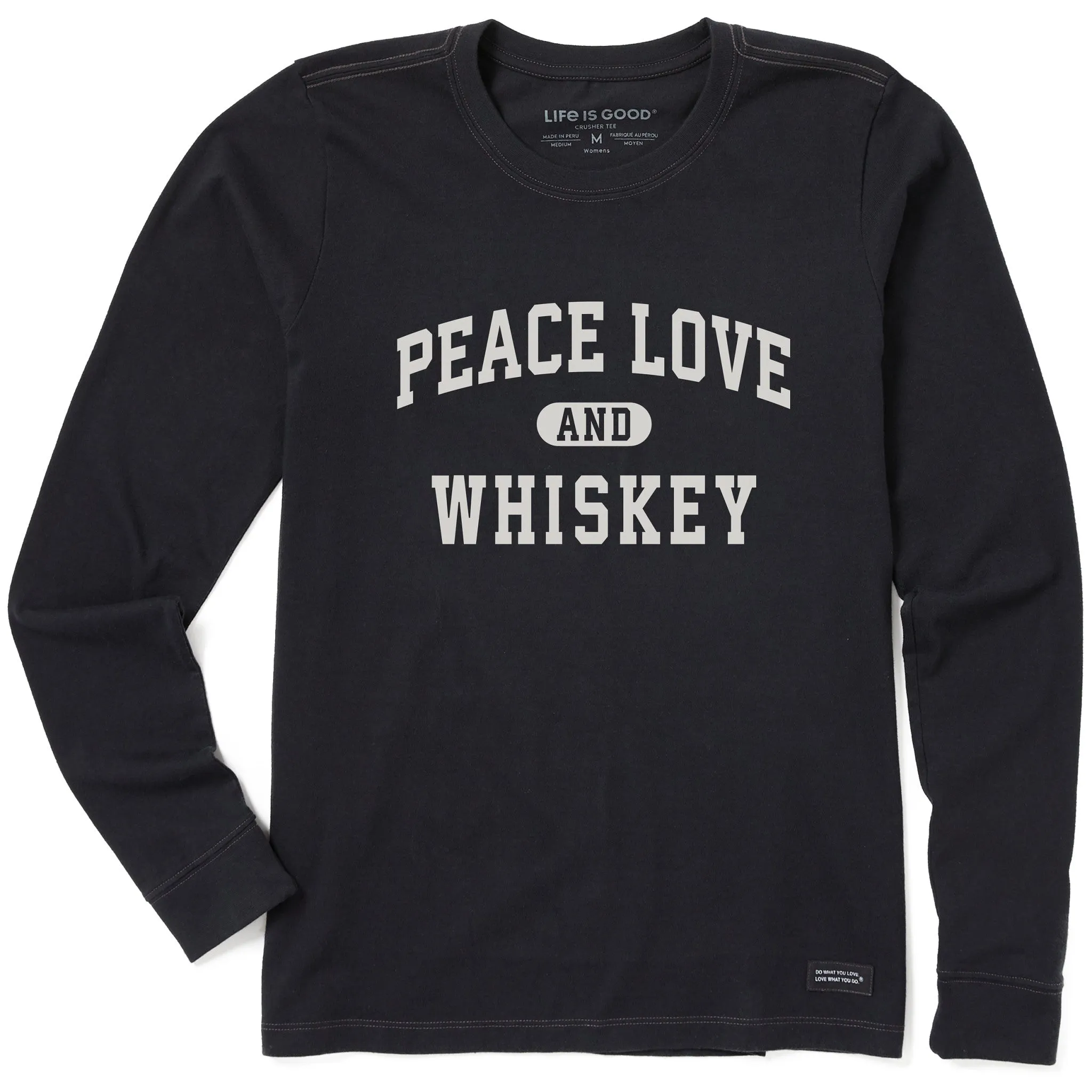 Women's Peace Love and Whiskey Arch Long Sleeve Crusher Tee sold by Life is Good
