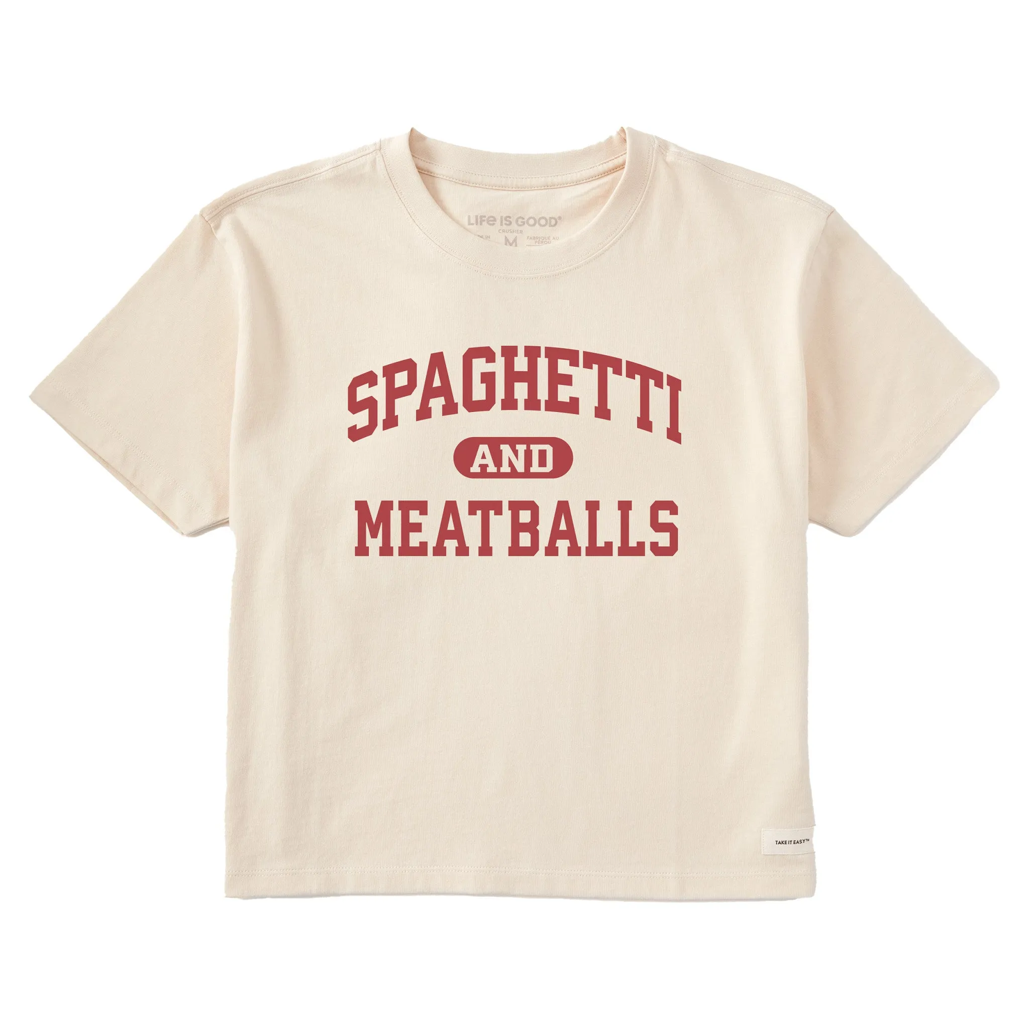 Women's Spaghetti and Meatballs Arch Short Sleeve Crusher Boxy Tee sold by Life is Good