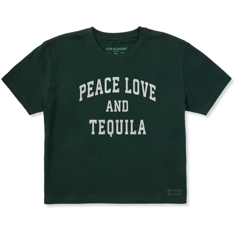 Women's Peace Love and Tequila Arch Short Sleeve Crusher Boxy Tee sold by Life is Good
