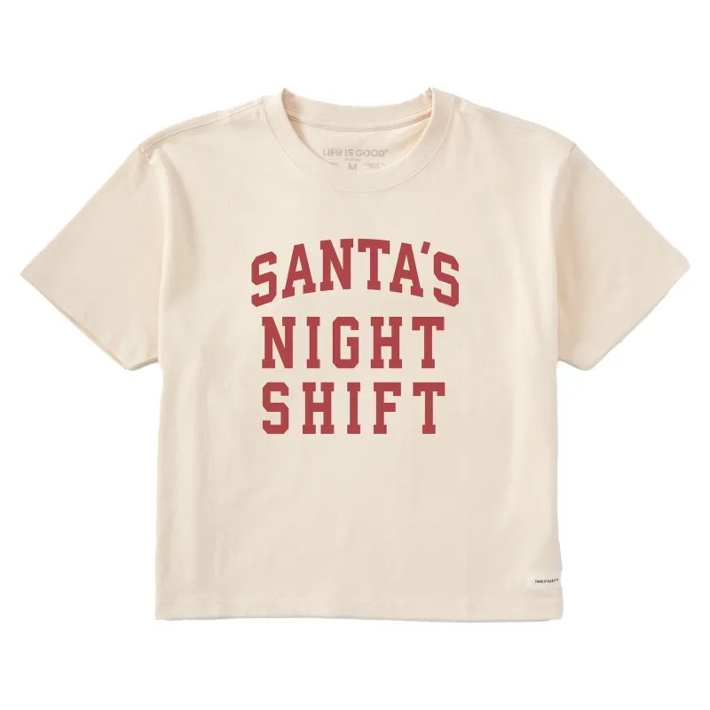 Women's Santa's Night Shift Arch Short Sleeve Crusher Boxy Tee sold by Life is Good