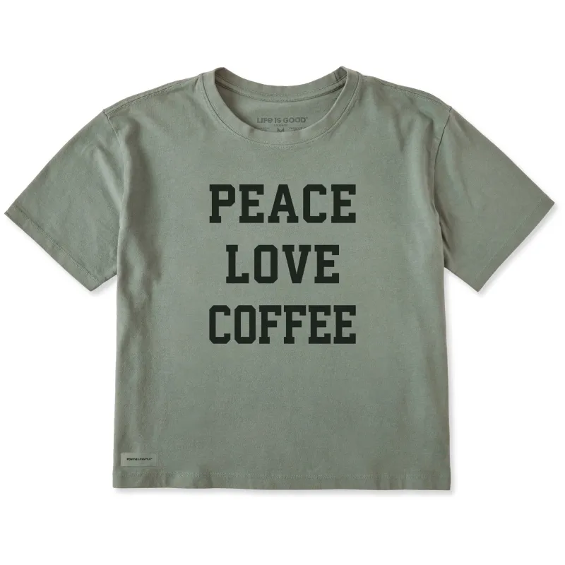 Women's Peace Love Coffee Arch Short Sleeve Crusher Boxy Tee sold by Life is Good
