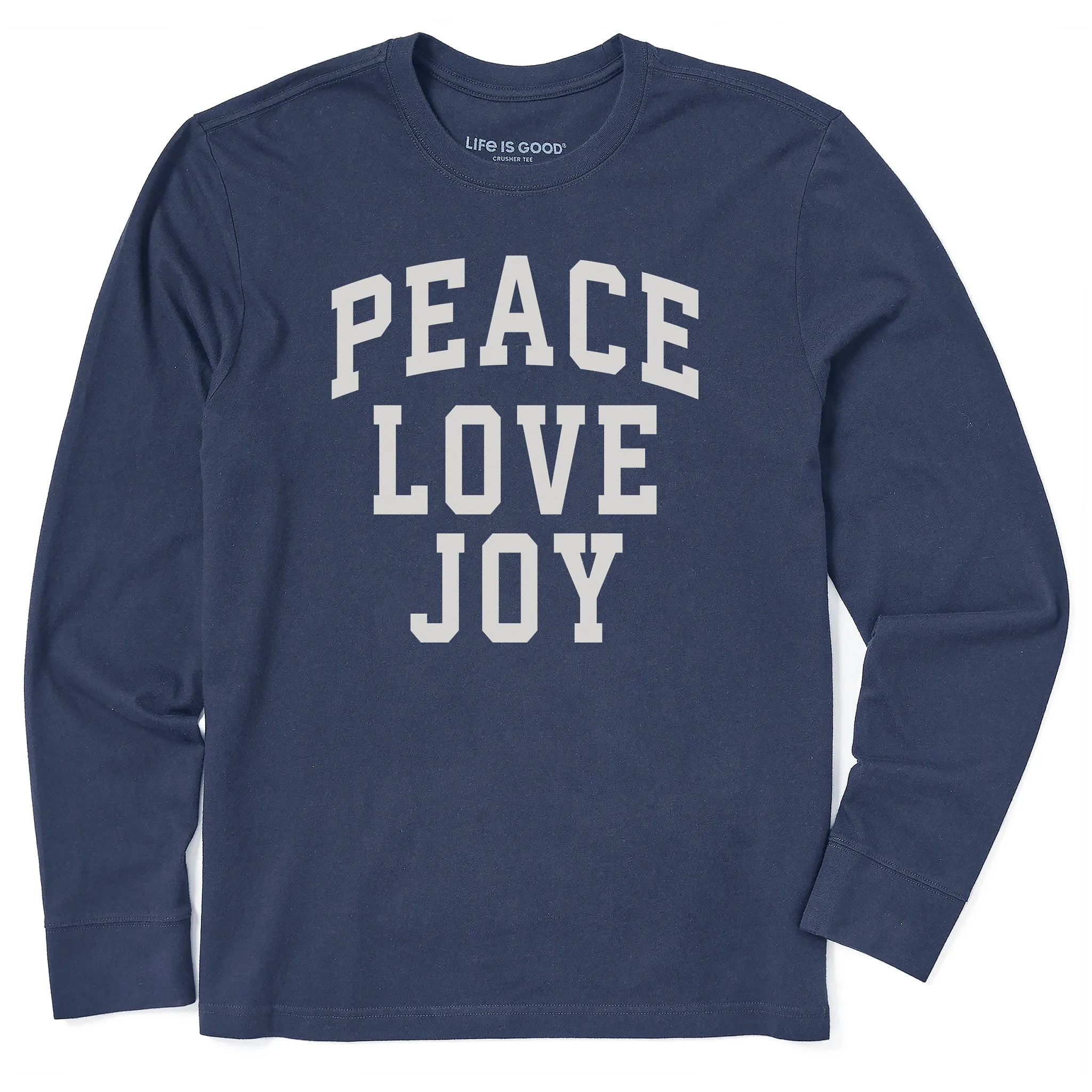 Men's Peace Love Joy Arch Long Sleeve Crusher Tee sold by Life is Good