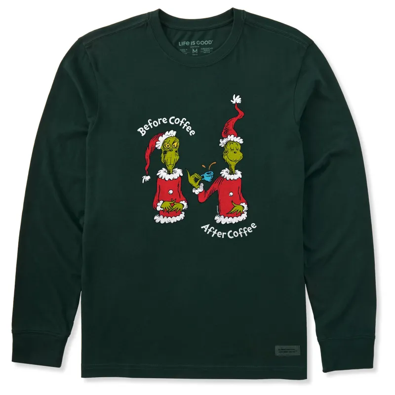Men's Grinch Before/After Coffee Long Sleeve Crusher Tee sold by Life is Good