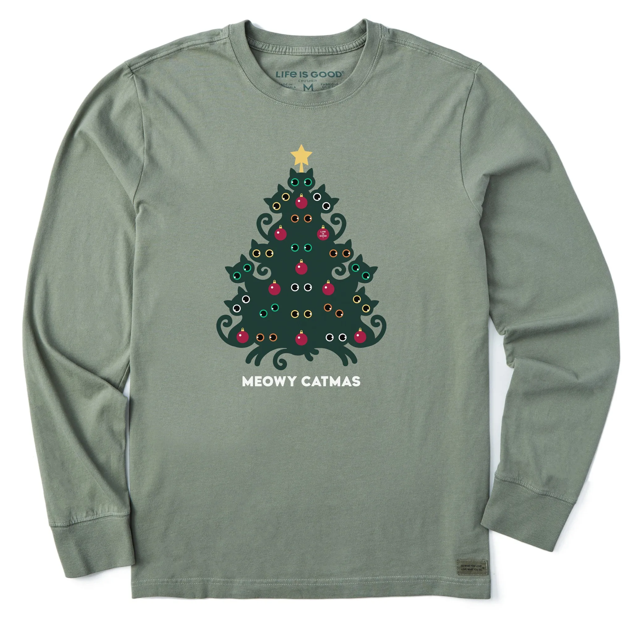 Men's Meowy Catmas Cat Christmas Tree Long Sleeve Crusher Tee sold by Life is Good