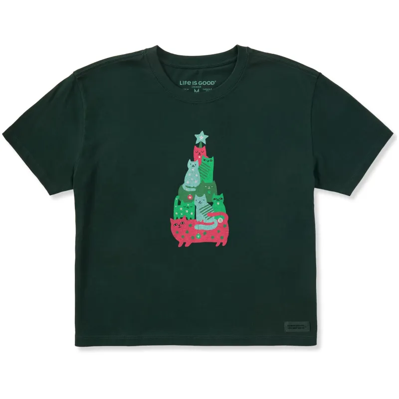 Women's Cat Pile Christmas Tree Short Sleeve Crusher Boxy Tee sold by Life is Good