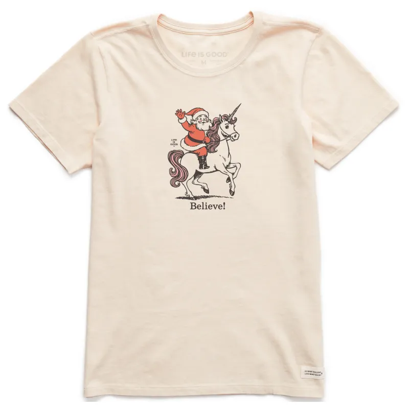 Women's Believe Santa Unicorn Short Sleeve Crusher Tee sold by Life is Good